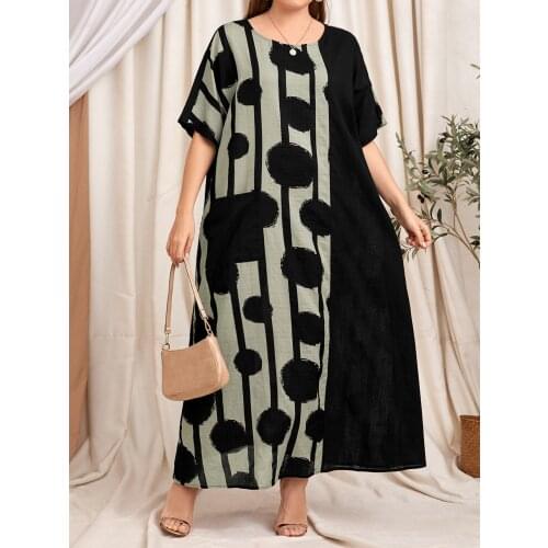 Loose Oversized Dress Women 2021 Summer O Neck Short Sleeve Dot Print Patchwork Casual Dress Pockets Plus Size Women Clothing
