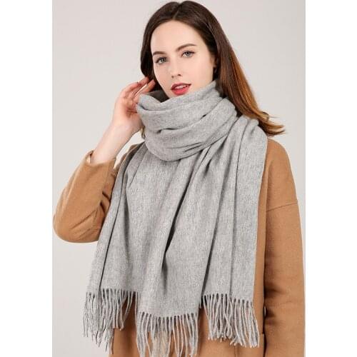 Winter 100% Real Wool Scarf Women Neck Warmer Large Echarpe With Tassel Shawl and Wraps Cashmere Foulard Gray Pure Wool Scarves