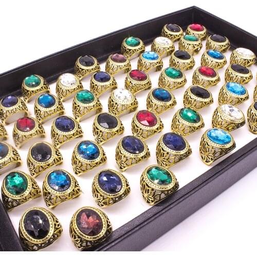 12 Pieces/lot Mix Fashion Ring Jewelry Gold Color Retro Oval Colorful Glass Bohemian Ring for Women Party Factory Price