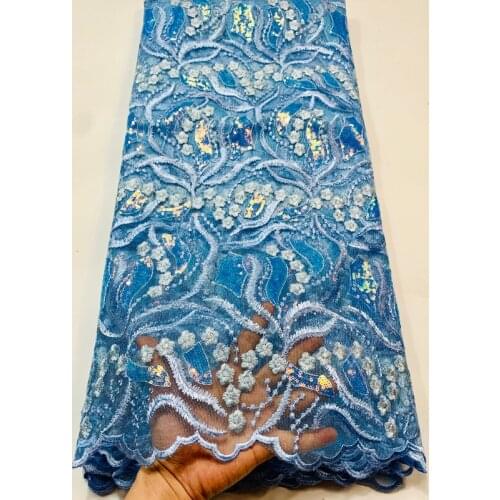 2021 High Quality French Nigerian Sequins Net Lace,African Tulle Mesh Lace Fabric Sequins For Party Dress 5yards/Lot VSH058 Blue