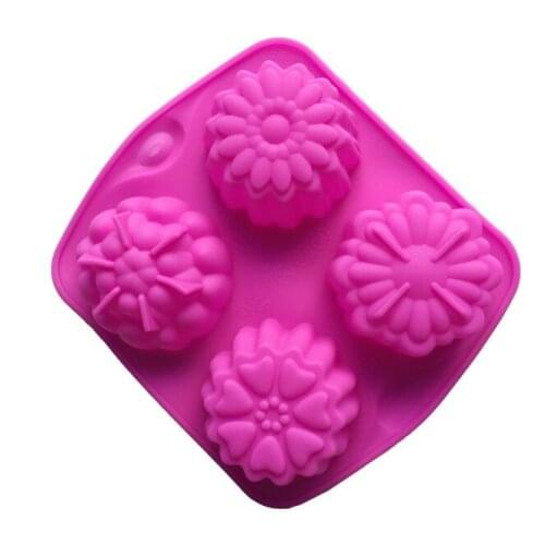 4 Hole Different Flower Shaped Silicone Cake Mid-Autumn Moon Cake Mold Soap Mold DIY Baking Tools Pudding Jelly Mold B019