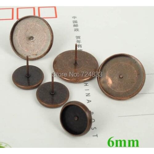 6mm Antique Copper tone Blank Bases Round Bezel tray Glass Cabochon Pin Stud Earrings Post Settings Findings Wholesale