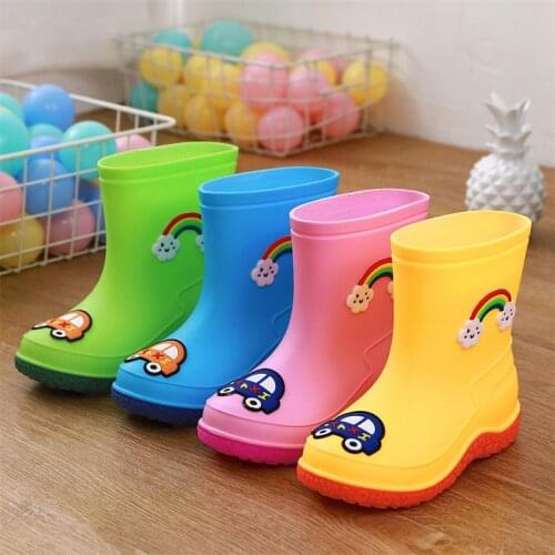 Children Rain Boots Yellow Cute Cartoon Car Water Shoes Kids PVC Boys and Girls Pink Fashion Kids Rubber Sole Shoes 5-9 Years Ol