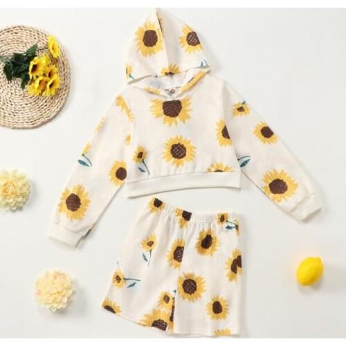 2021 Fashion Clothes Kids Clothes Set Children Clothes 2 Pcs Sets Sunflower Print Long Sleeve Hoodies Sweaters+short Pants 5-10Y