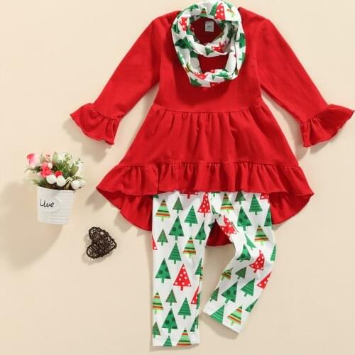 1-6T Fashion Children Girls Clothes Sets 3pcs Solid Long Sleeve Ruffle Pullover Tops Christmas tree Pants Scarf Outfit