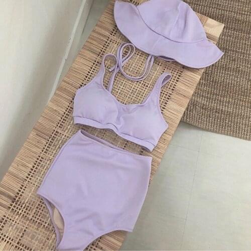 Korean Women Swimsuit Tankini Set Bikini Set with hat cute girls Fused Teenage Padded Top High Waist Bottom Swimwear Badpak