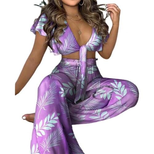 Summer Fashion Women Sets for Women Short Ruffle Sleeve Crop Top T-shirt Wide Leg Pants Printed Suit