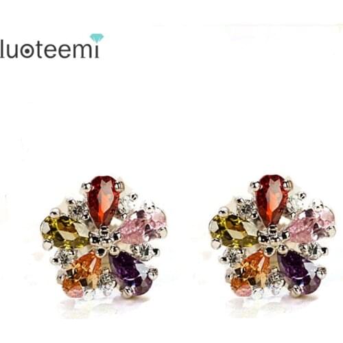 LUOTEEMI AAA+ Multi--Color Zircon Charm Secret Fragrance Flower Stud Earrings Women Tops Fashion Christmas Gift Jewelry