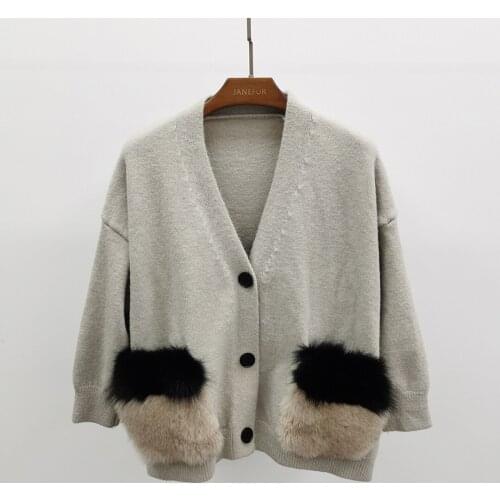 Vogue Italian Design Popular Fur Sweater Spring Woman Cashmere Cardigan Ladies Real Fox Fur Trimming Coat