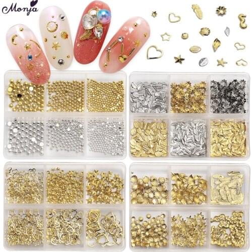 Monja 6 Grids/Box Gold Silver Black Nail Art Hollow Rivet Heart Star Shell Feather Multi-pattern Glitter Sequins Nail Decoration