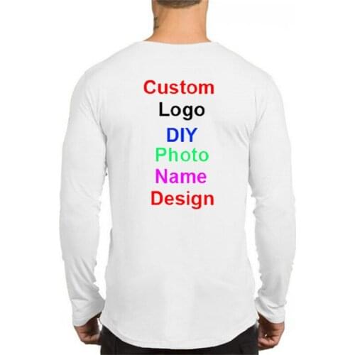 Mens Customize with Your Own Logo Fitness Long Section Cotton Breathable Sports Autumn and Winter Fashion Trend Slim T-shirt