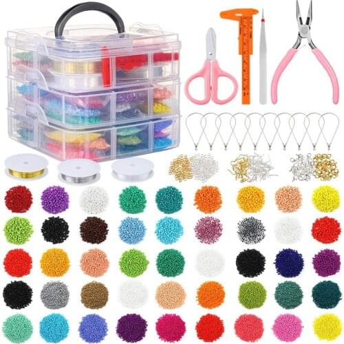 27009 Pieces Glass Seed Beads Kit, Multiple Sizes Craft Seed Beads with Small Pony Beads, Beading Hoop Earring and Other Accesso