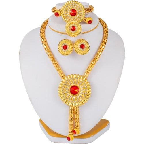 New 2020 Big Flower Ethiopian Jewelry Set for Women Arabic African Earrings Sets Dubai Gold Color Necklace Bridal Gift