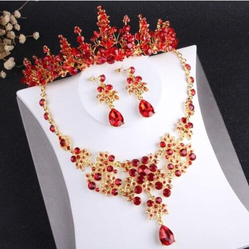 Baroque Vintage Gold Red Crystal Bridal Jewelry Sets Rhinestone Tiaras Chokers Necklace Earrings Set African Beads Jewelry Set