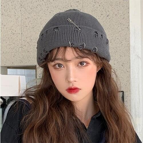 New Harajuku Beanies Winter Knitted Hat Women Fashion Warm Thick Gorro Men Hip Hop Pin Hole Skullcap Short Hat Unisex Basic Cap