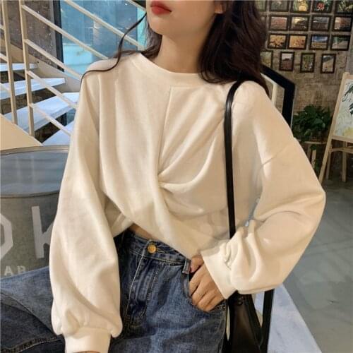 Spring Long Sleeve Fashion Women Sweater 2021 Korean Style White Loose Short Sweatshirt Tops New Kawaii Blouses for Girls