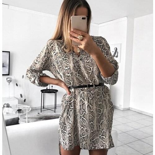 2021 Spring V-neck Shirt Dress Snake Print Wrap Dress Women Spring Autumn Long Sleeve Irregular Mini Dress Female Robe Vestido