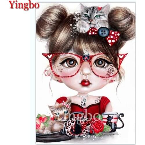 DIY Mosaic diamond painting full square/round 5d Diamond embroidery sale Cartoon girl and cute cat for Dining Room decor