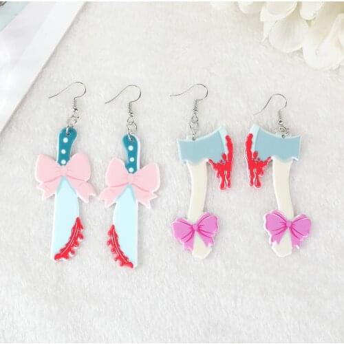 1Pair Cute Blood Knife And Axe With Bow Drop Earrings Acrylic Creepy Halloween Gifts For Women Jewelry