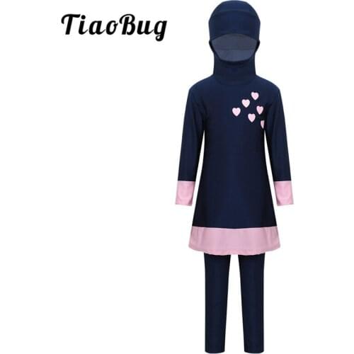 TiaoBug Kids Teens Long Sleeves Sweetheart Printed Full Cover Conservative Hijab Burkini Swimwear Girls Swimsuit with Pants Set