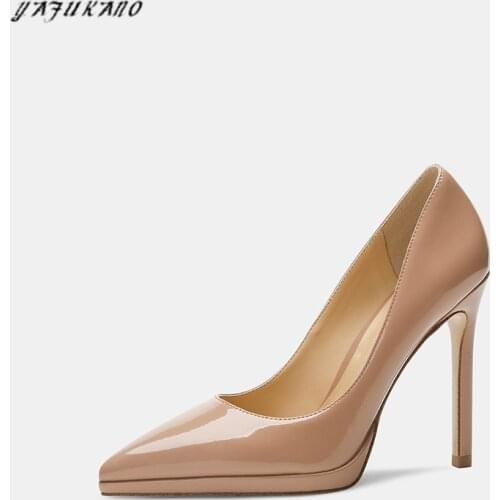 12 Cm Nude Platform Thin High Heels Sheepskin Patent Leather Ladies Pumps Pointed Toe Women Shoes Sexy Wedding Party Shoes 34-41