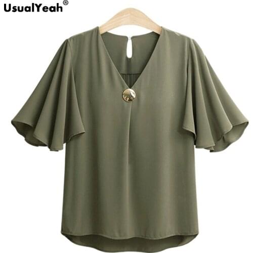 Vintage Elegant Office Lady Flutter Sleeve V Neck Short Sleeve Blouse Office Lady Keyhole Chiffon Tops And Blouses Plus Size 4XL