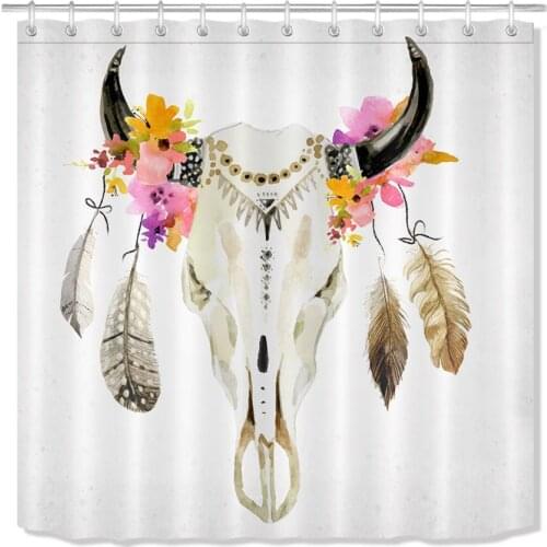 72‘’ Shower Curtain With 12pcs Hooks Watercolor Bull Skull With Flowers Feather Polyester Waterproof For Bathtub Decor