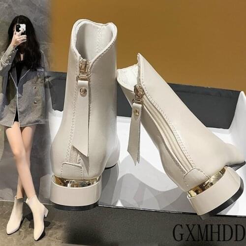2020 Autumn Winter Female Pointed Back Zipper Ankle Boot Womens Platform Heels Square Heel Plus Velvet Boots