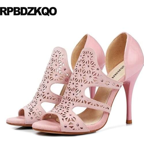 Luxury High Heels Pink Plus Size Slip On Stiletto Crystal Rhinestone Gladiator Sandals Women Diamond Peep Toe Cage Shoes Pumps