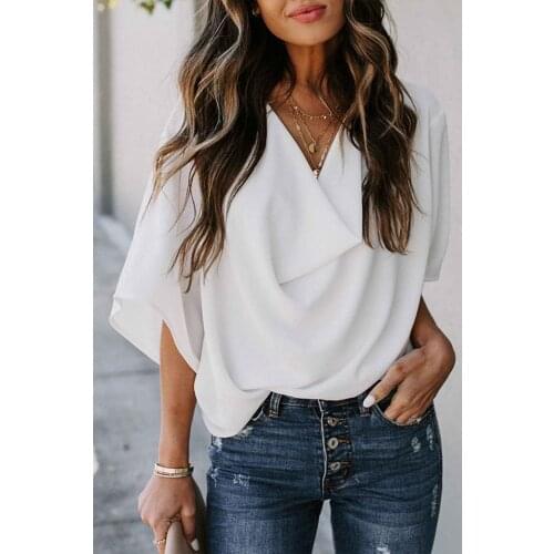 Ladies Casual Half-Sleeved Chiffon Top Blouse Solid Color V-Neck Loose Style Top Black/White/Gray/Beige/Yellow