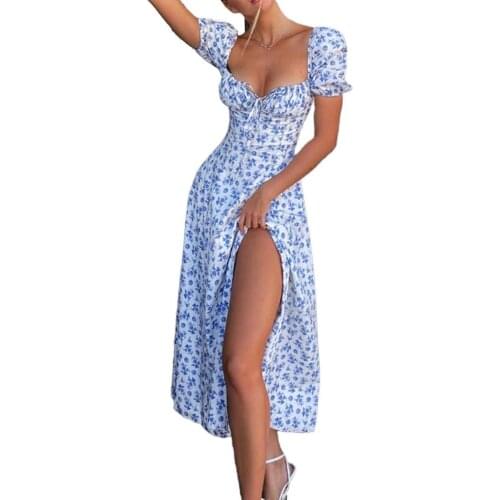 Summer Dress Women Puff Sleeve Flroal Printed Ruched Party High Split Long Maxi Dresses Drawstring Sexy Vestidos Sundress 2021