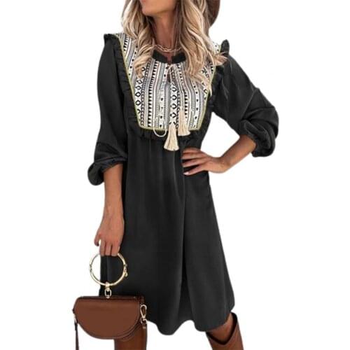 Vintage dress women summer 2021 Pattern Patchwork Shirt Dress Women Lantern Sleeve Large Hem Dress for Beach Black xxxl vestidos