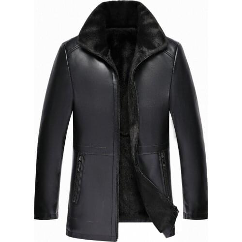 Winter Haining thickened middle-aged fathers leather jacket medium long integrated fur mens coat