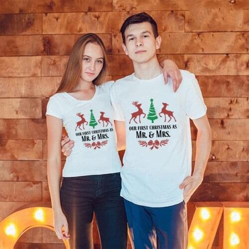 1pcs Our First Christmas As Mr Mrs Couple Matching T-shirt Kawaii Graphic Tees Harajuku Family T Shirt Short Sleeve Clothes 2020