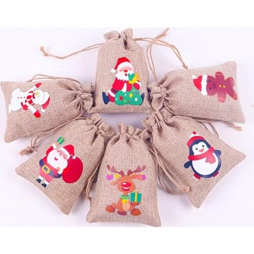 10Pcs Christmas Jute Burlap Gift Bags with Drawstring 10x14cm Santa Gingerbread Man Cotton Burlap Bag New Year Party Decor Bag