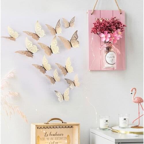 12Pcs 3D Wall Stickers Hollow Rose gold/Golden/Silver Butterfly Wall Stickers DIY Art Home Decor Wall Decals Wedding decoration