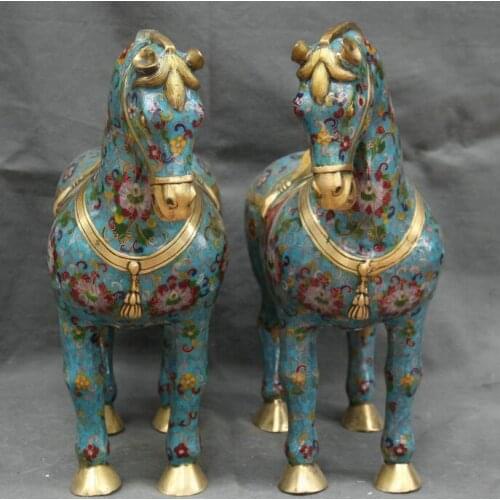 18.8" China Bronze Cloisonne Enamel Stand Zodiac Year Horse Equine Statue Pair