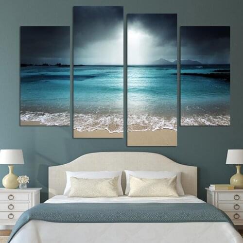 4 Panel Modern Wall Art Home Decoration Painting Canvas Wall Art Prints Pictures Sea Scenery With Beach (framed) ht003