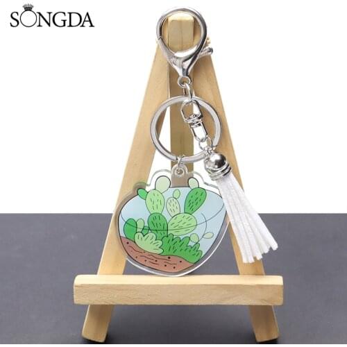 Terrarium Cactus Aloe Acrylic Keychain Green Potted Plant Print Pattern Tassel Key Ring Bag Car Jewelry Pendant Best Accessories