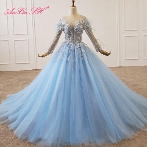 AnXin SH Luxury princess flower blue lace beading crystal illusion feather o neck long sleeve wedding dress 100% real photos