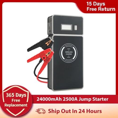 Car Jump Starter 24000mAh 2500A Power Bank with 10W Wireless Charger LCD Screen 12V Car Battery Booster Portable Starting Device
