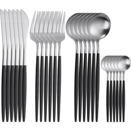 Black Silver Kitchen Accessories Tableware Stainless Steel Dinnerware Set Luxury Cutlery Spoon Fork Knife Creative Combination