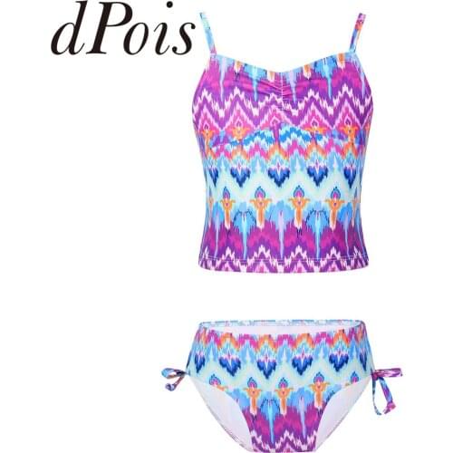 Kids Swimsuits 2pcs Colorful Print Tank Top + Side Drawstring Bikini Thong Summer Swimsuit for Little Girl Swimwear Bathing Suit