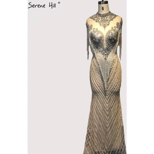 Dubai Beading Tassel Luxury Sexy Evening Dresses 2020 Silver Sleeveless High-end Evening Gowns Serene Hill LA60811