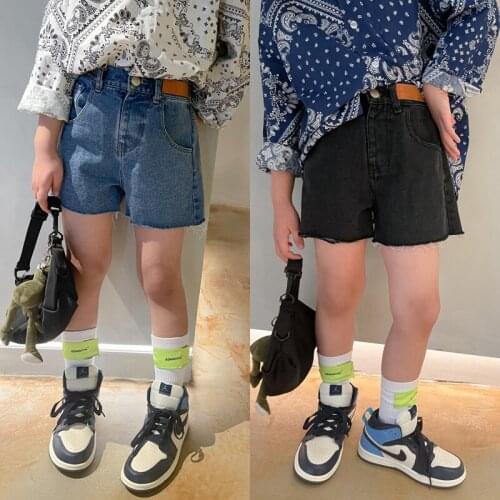 Girls Denim Shorts 2021 Summer New Simple Soft Solid Colorchildren High Waist Burr Short Pants