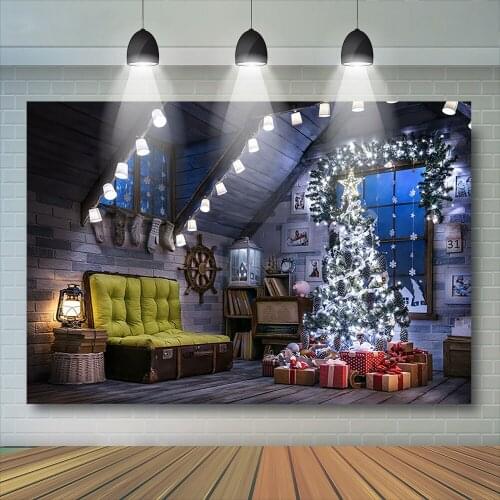 Christmas Wood House Tree Background Night Gift Star Backdrops Christmas Wood Floor Roof Photobooth Photocall