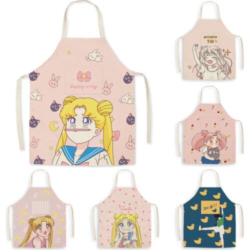 Kawaii Cartoon Cute Female Linen Sleeveless Apron Korean Kitchen Cooking Fabric Adult Home Cute Overalls