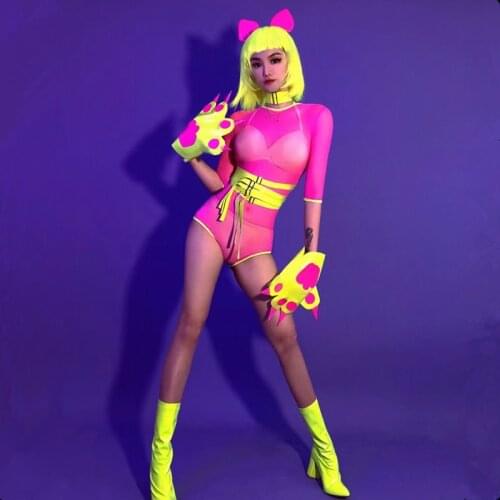 Halloween Party Cosplay Costume Cat Role-playing Performance Clothes Rose Transparent Bodysuit Headdress Outfit Gogo Stage Wear