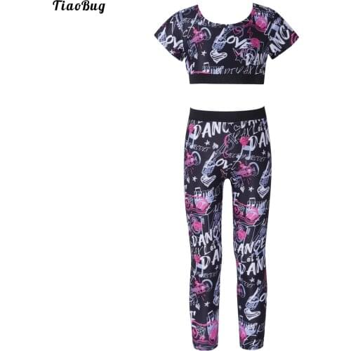 TiaoBug Summer 2Pcs Kid Girls Sport Suit Round Neck Short Sleeves Keyhole Back Crop Tops And High Waist Pants Set Yoga Tracksuit