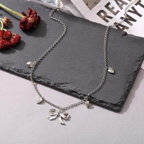 Sweet Girls Bowknot Pendants Necklaces for Women Trend Heart Letter Silver Color Chain Necklace Neck Collars Collier Jewelry